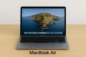 A silver MacBook Air on a wooden table, displaying a serene ocean island wallpaper at the macbook air repair service in Los Angeles.