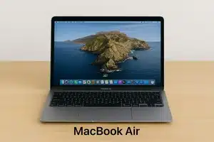 A silver MacBook Air on a wooden table, displaying a serene ocean island wallpaper at the macbook air repair service in Los Angeles.