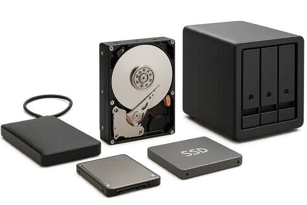 External hard drive, internal hard drive, SSD, and RAID storage array placed together for data recovery services on a transparent background.