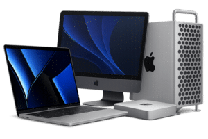 A sleek setup of Apple devices: a MacBook, iMac, Mac Mini, and Mac Pro. The screens display abstract blue wallpapers. The tone is modern and tech-focused.
