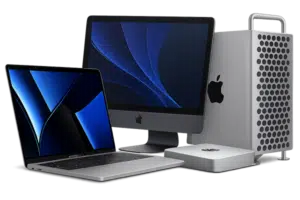 A sleek setup of Apple devices: a MacBook, iMac, Mac Mini, and Mac Pro. The screens display abstract blue wallpapers. The tone is modern and tech-focused.