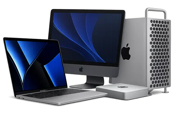A sleek setup of Apple devices: a MacBook, iMac, Mac Mini, and Mac Pro. The screens display abstract blue wallpapers. The tone is modern and tech-focused.