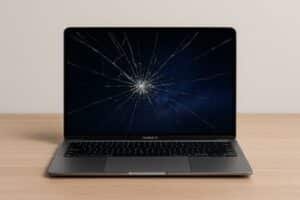 Broken MacBook Air with cracked broken screen on wooden desk - Macbook screen repair Los Angeles