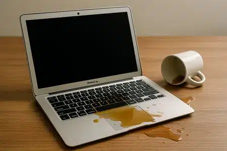 Coffee spill on MacBook Air 2024 keyboard and trackpad - emergency MacBook Air liquid repair