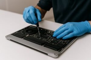 Technician working on flipped MacBook Air motherboard - Macbook Air logic board repair Los Angeles