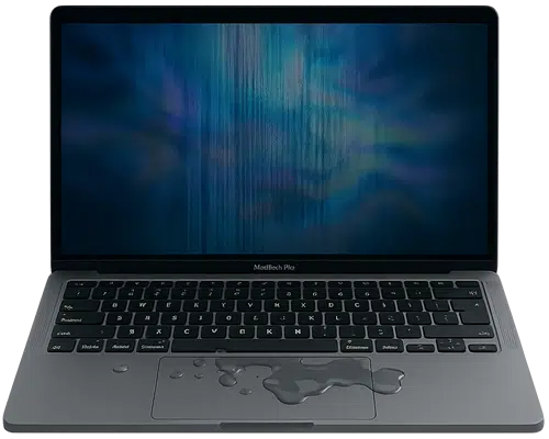 MacBook Pro water damage repair with distorted screen and spilled water on keyboard