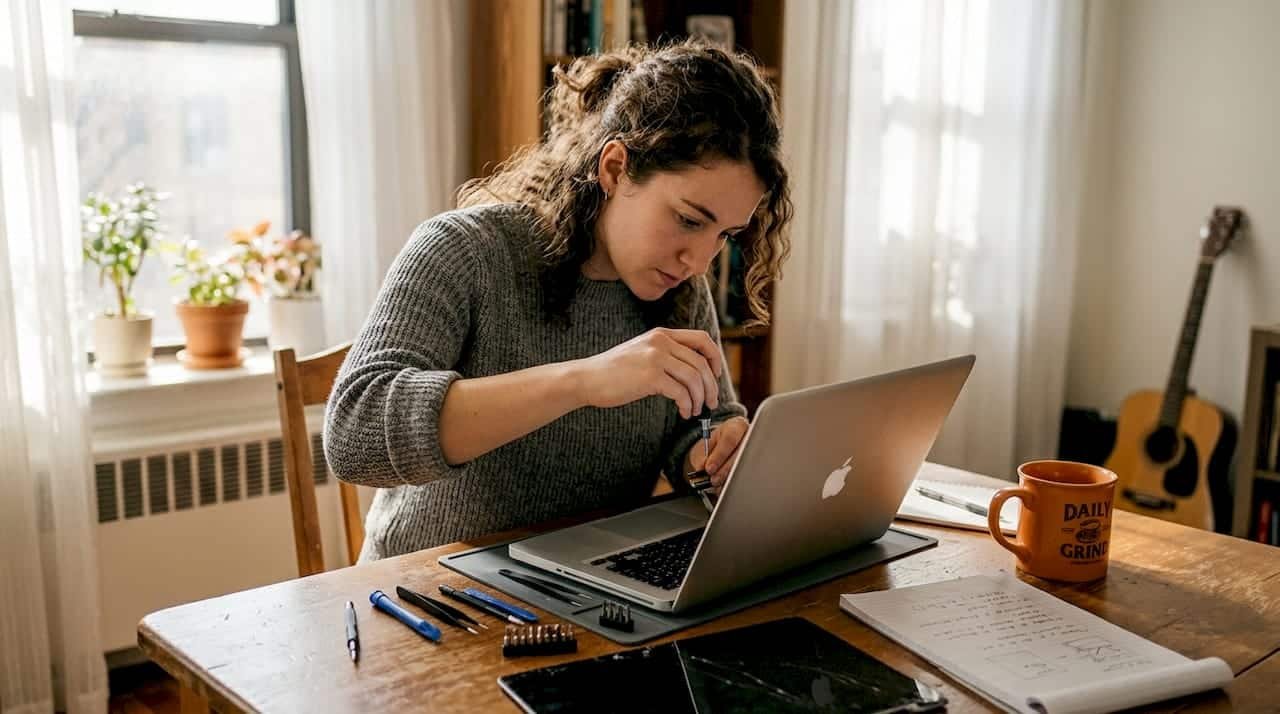 Person replacing MacBook screen at home desk
