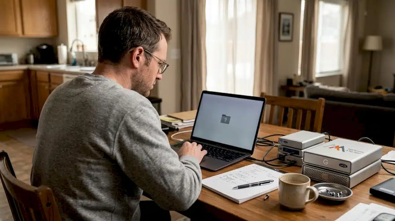 User at home dealing with Mac hard drive failure