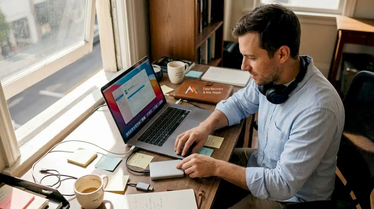 Technician works on MacBook data recovery in sunlit office