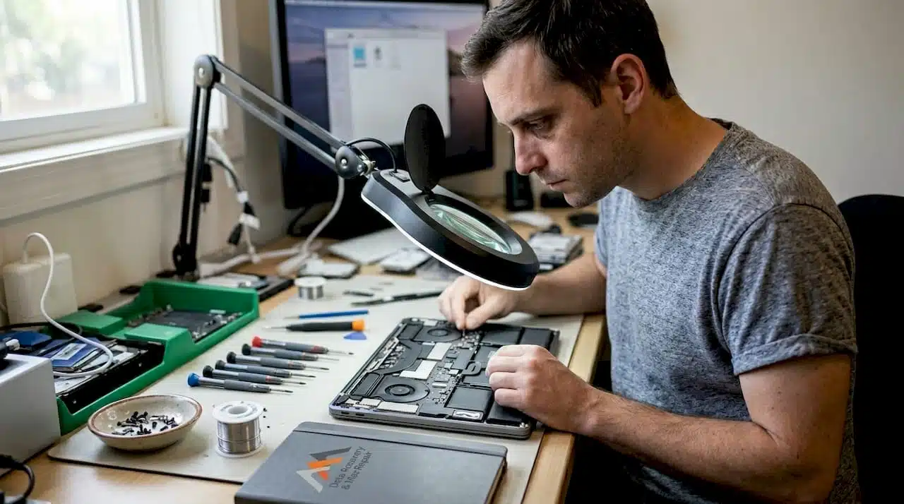 Technician examining MacBook logic board at desk