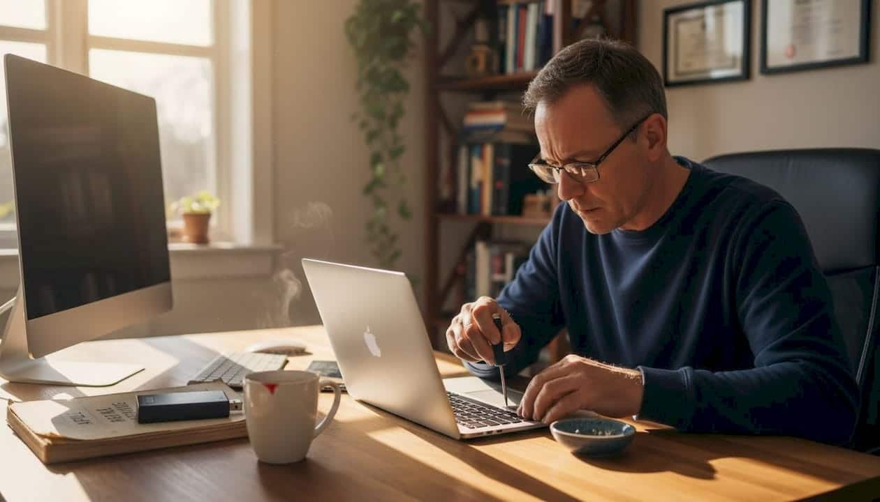 Technician working on Mac hard drive repair