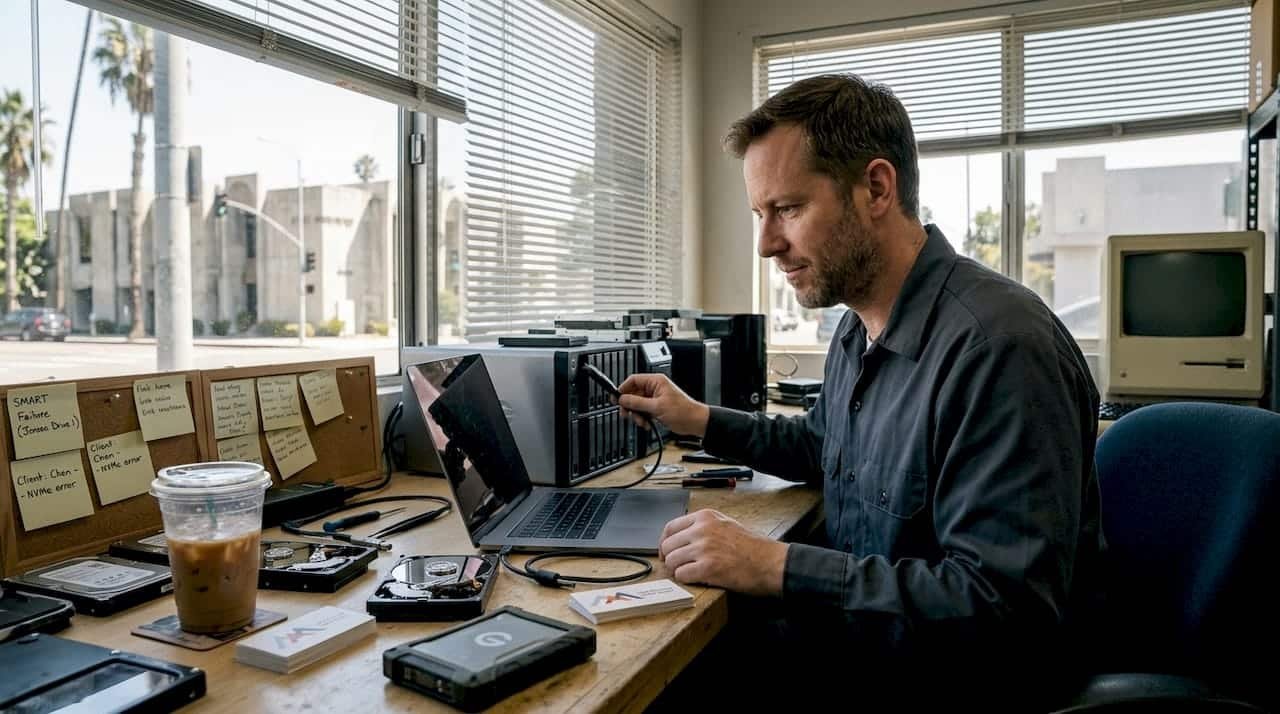 Technician recovering data from MacBook in LA shop