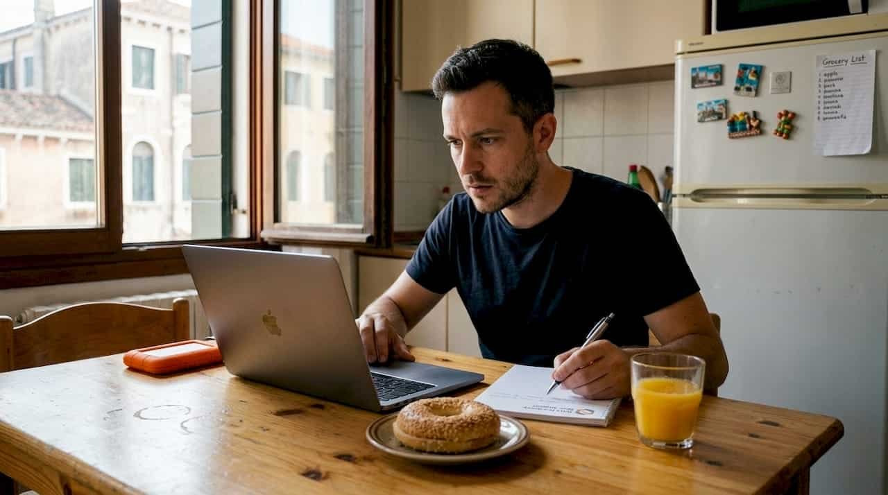 Person worried over Mac data loss in kitchen