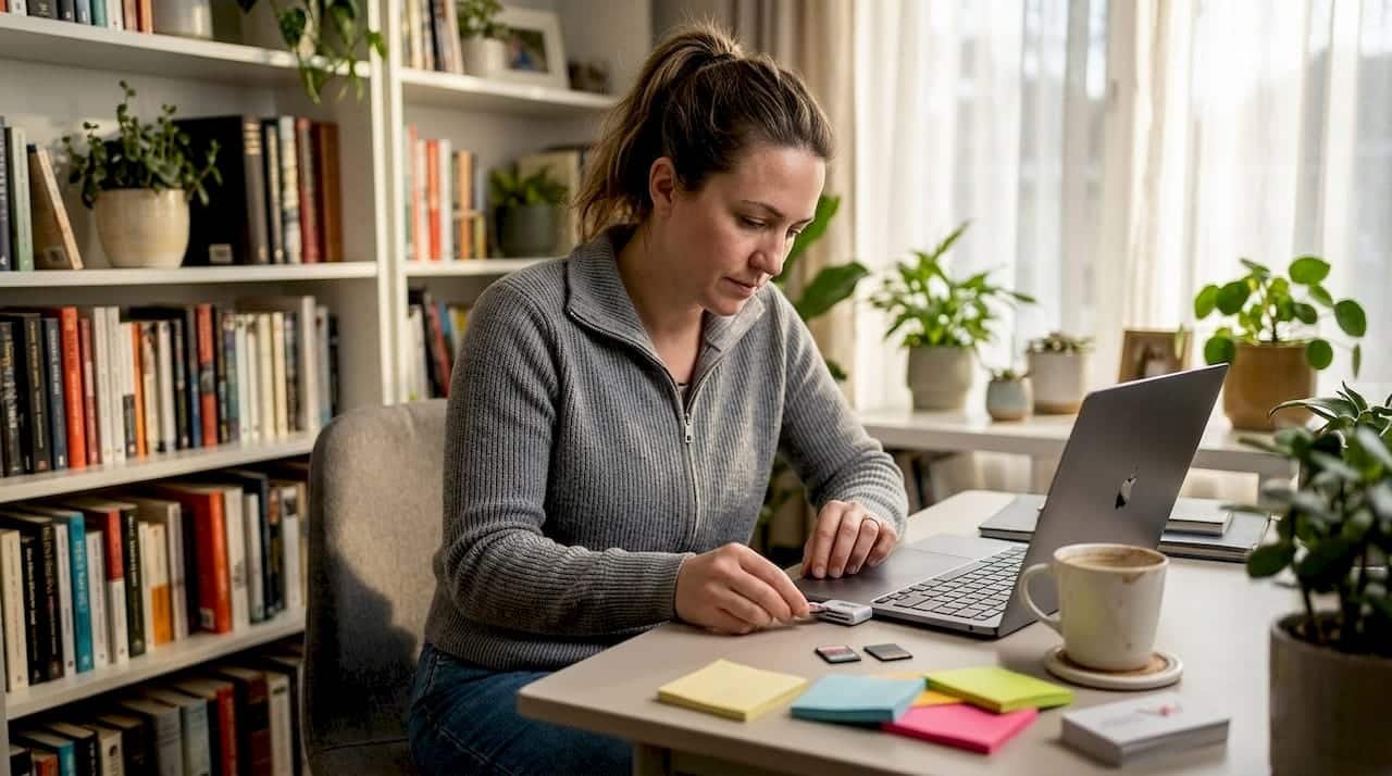 Woman connecting micro SD card to Mac