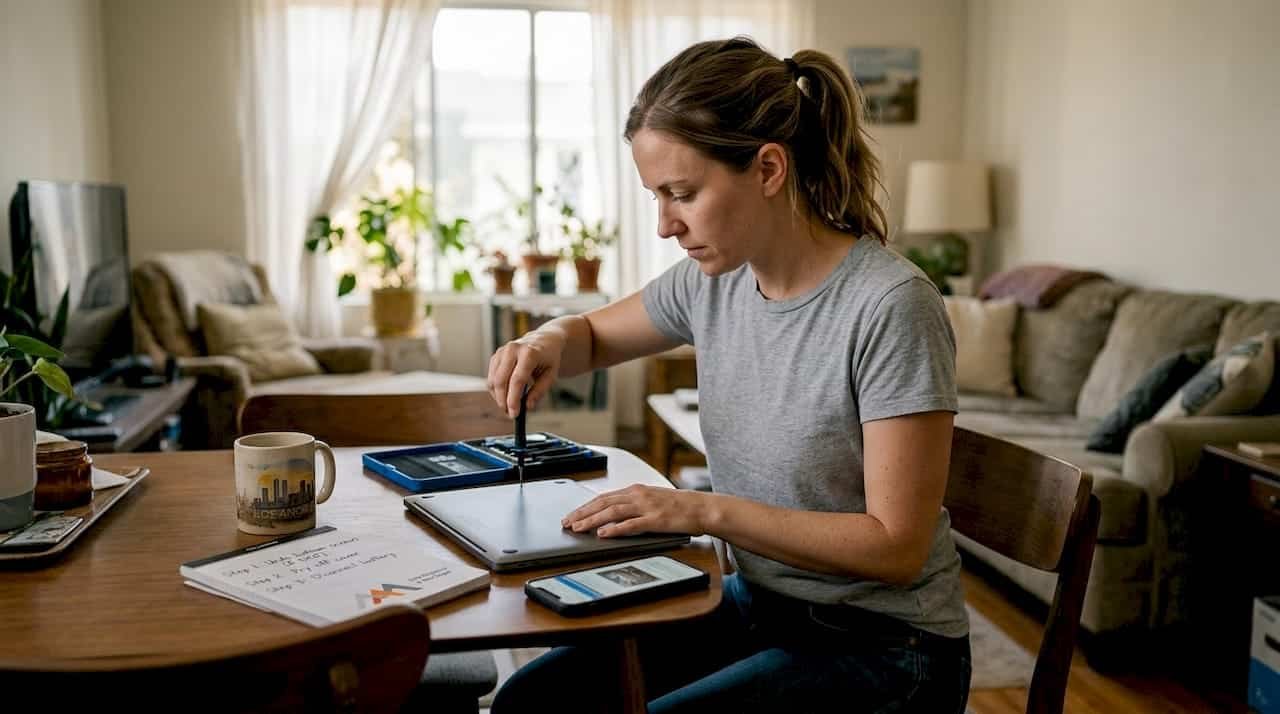 Woman opening MacBook in LA apartment