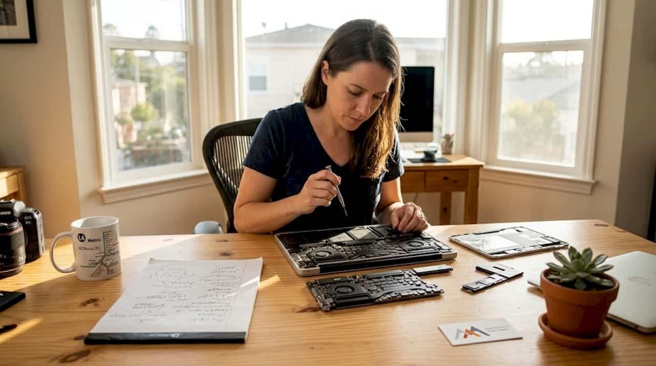 Technician examining disassembled MacBook in LA home office