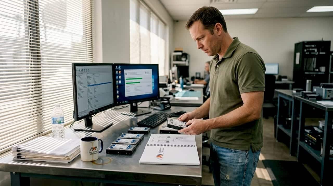 Technician inspecting RAID drives in tech lab