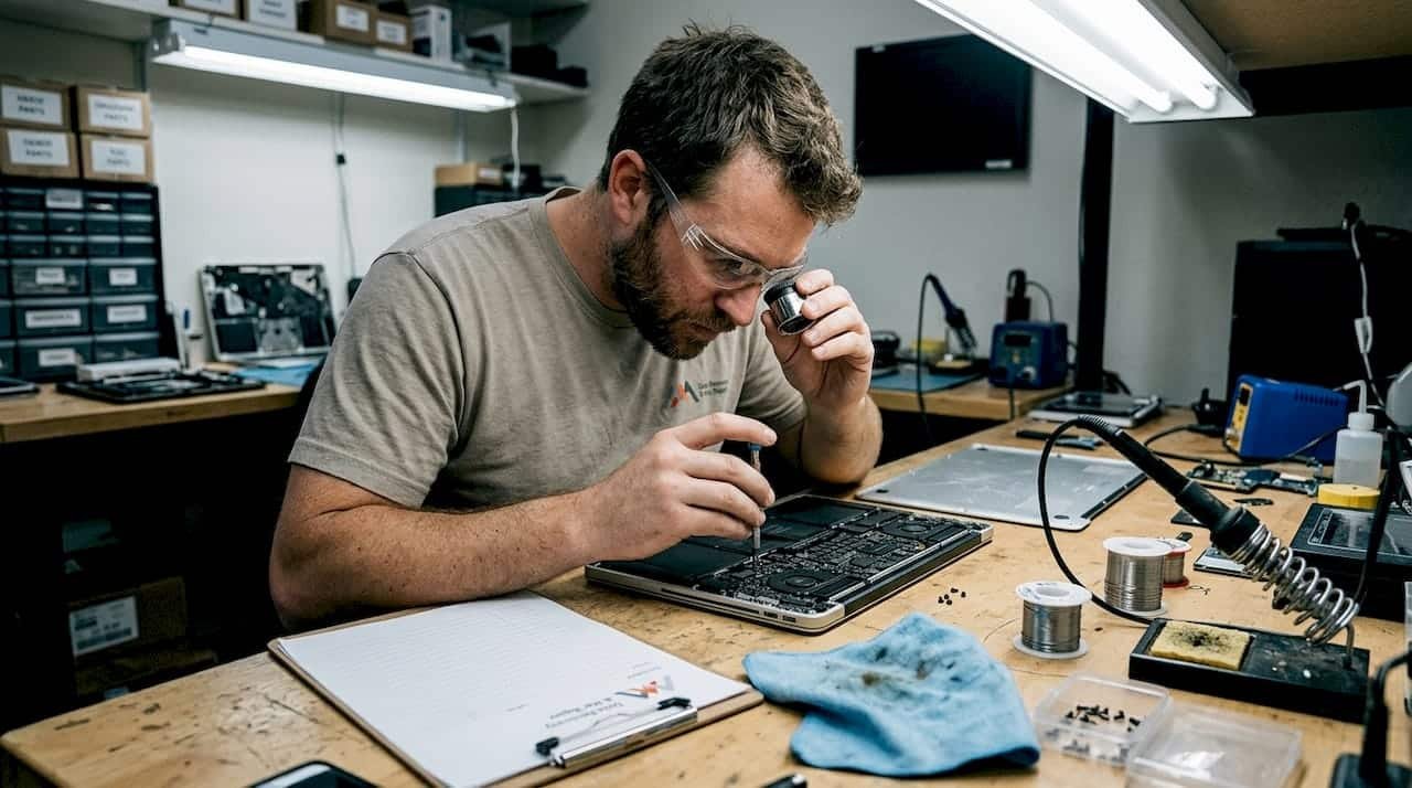 Technician examining MacBook Pro components