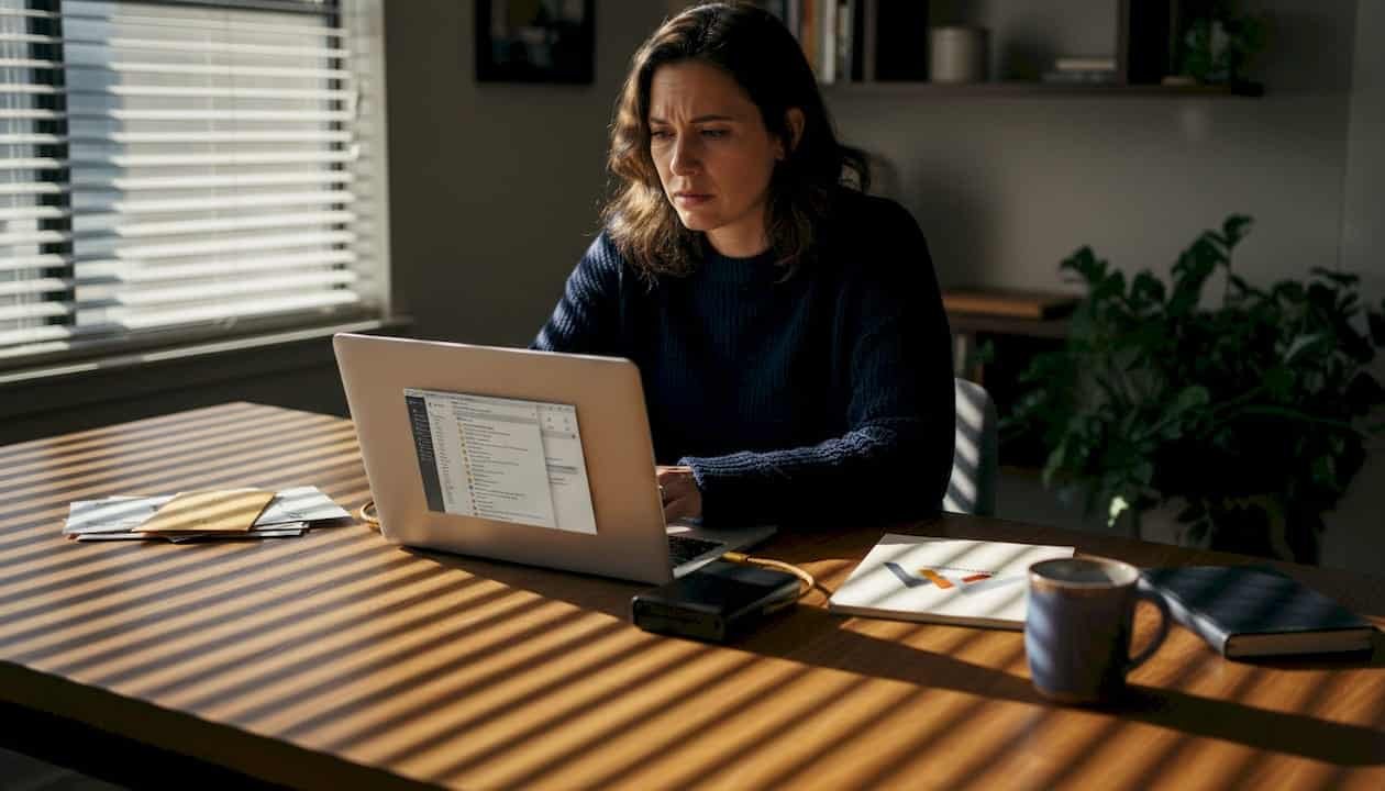 Mac user at home reviewing hard drive data
