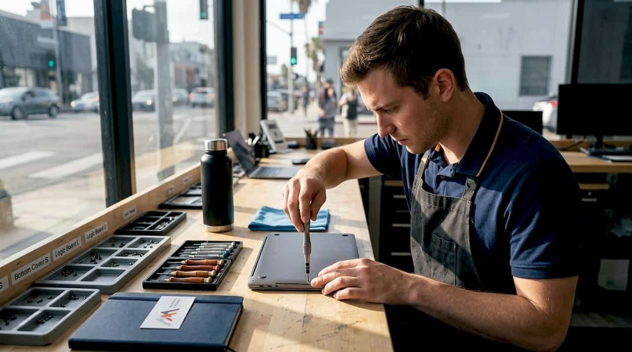 Technician repairing MacBook at Los Angeles workbench