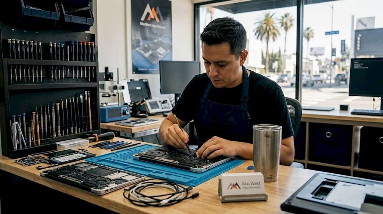 Technician repairing MacBook in LA workshop