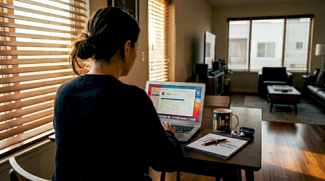 Woman maintaining MacBook in LA apartment