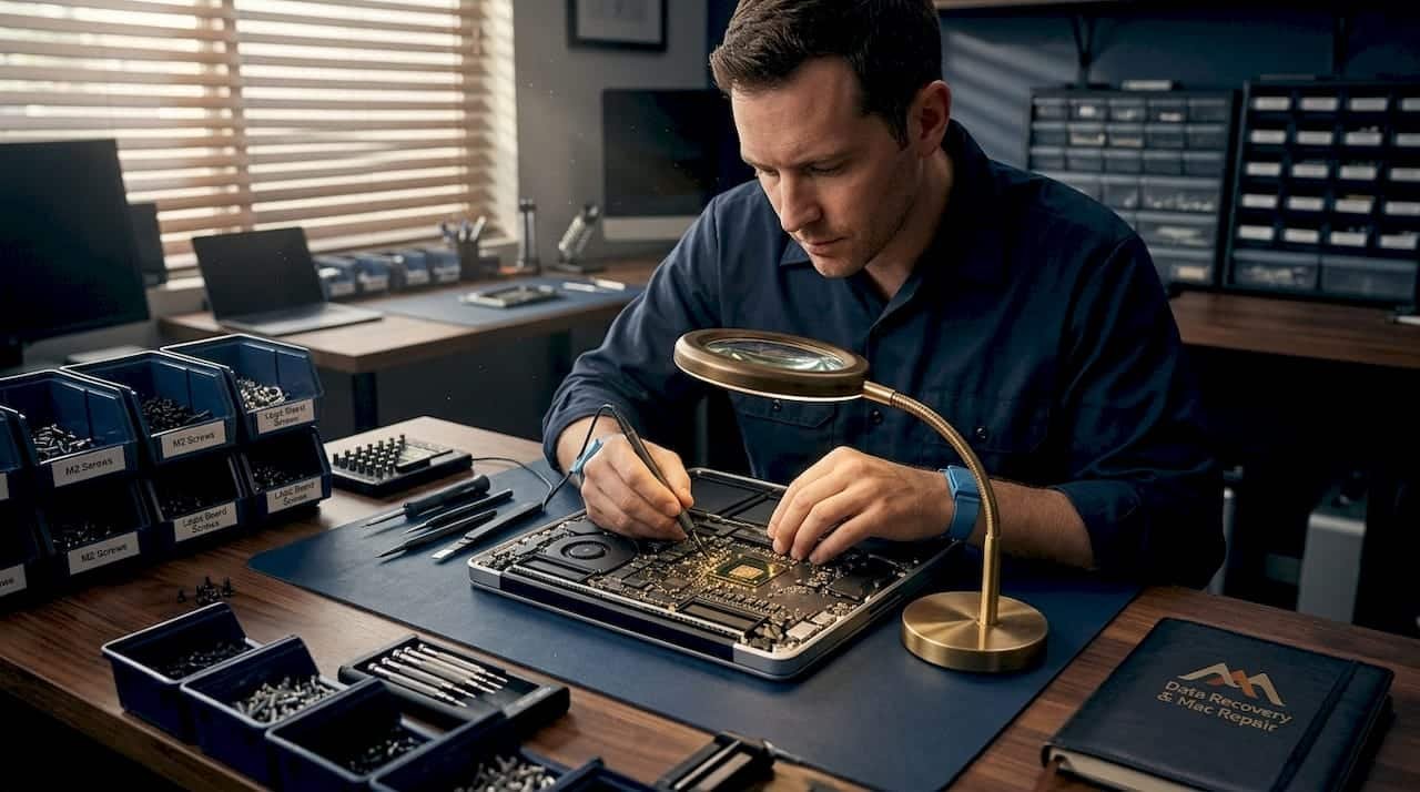 Technician repairing Mac Pro at workbench