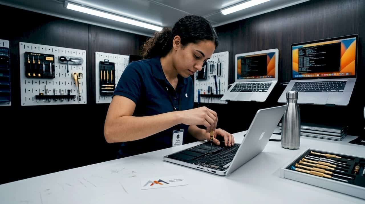 Technician repairing MacBook in service area
