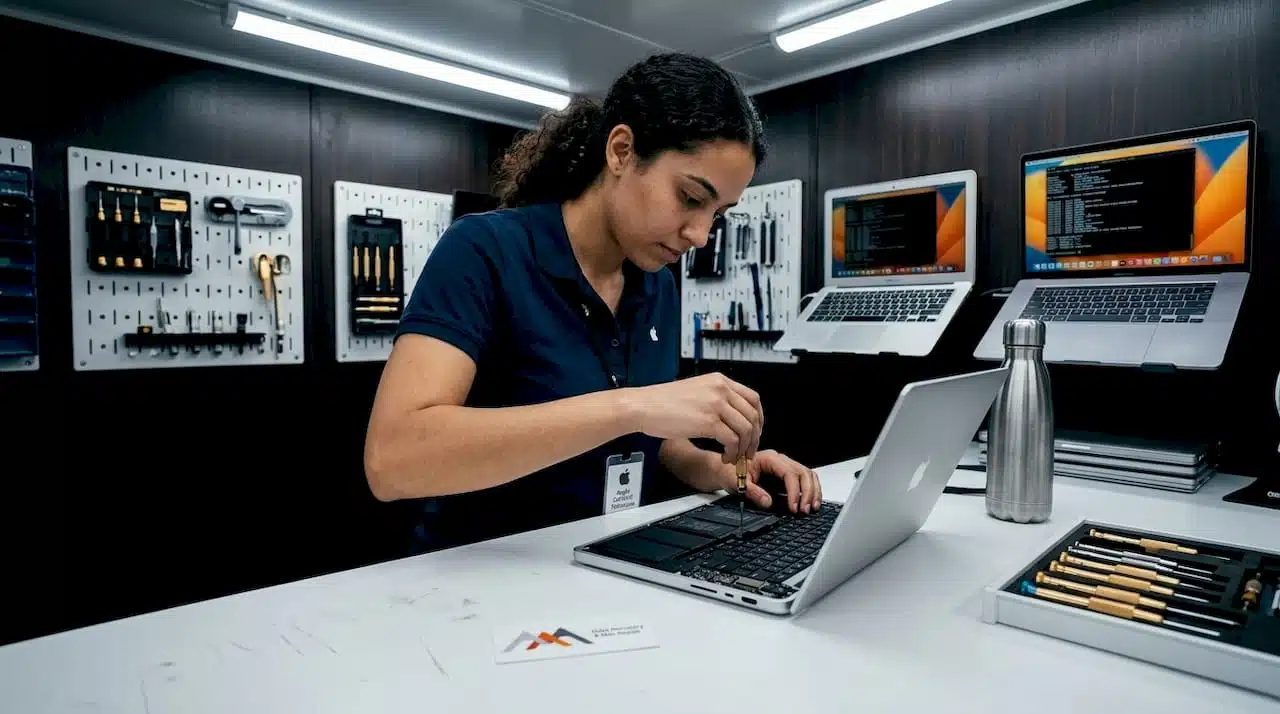 Technician repairing MacBook in service area