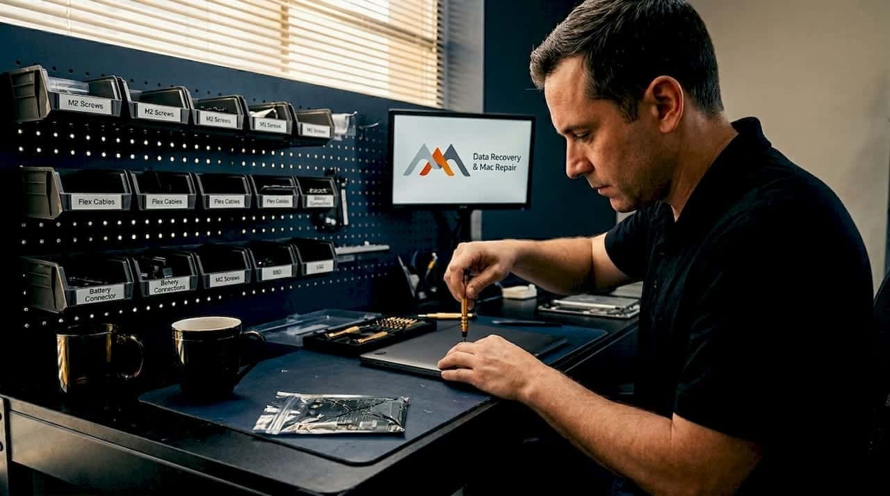Technician repairing MacBook drive in LA workshop