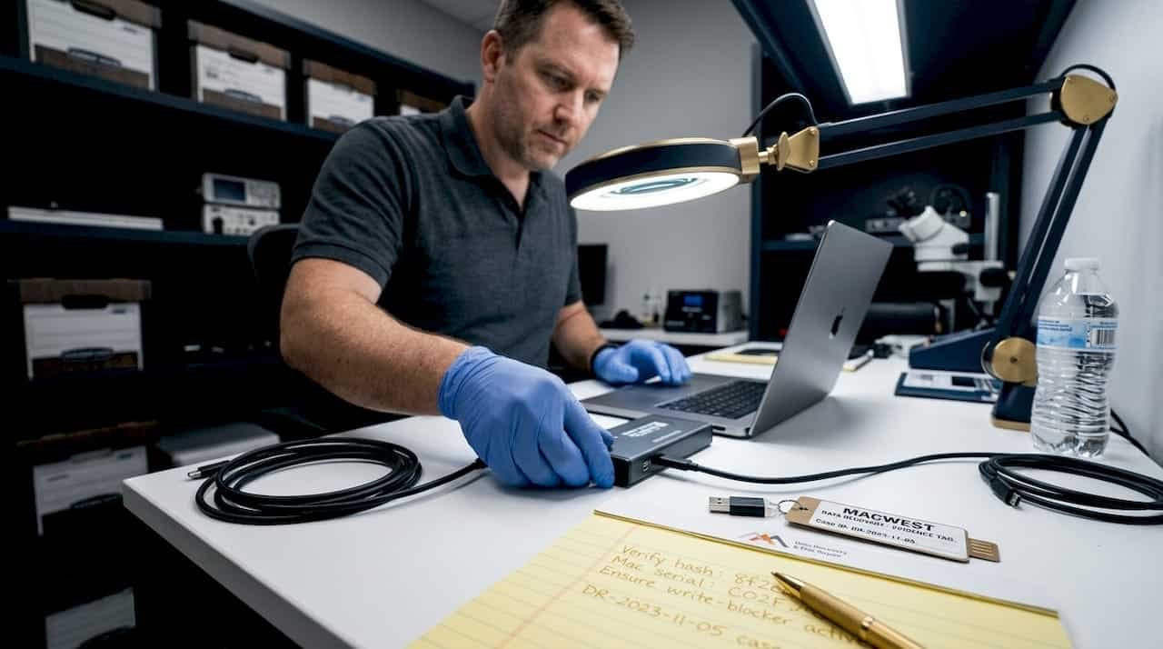 Technician performing MacBook forensic data recovery