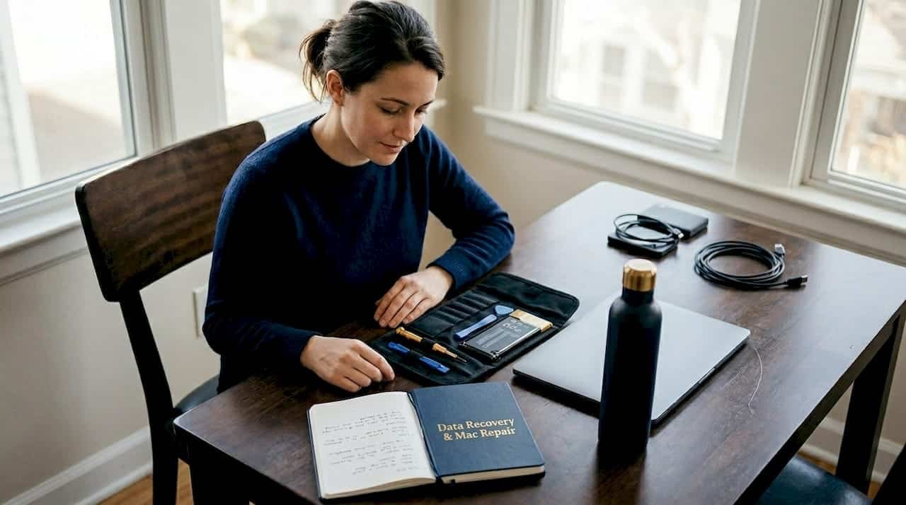Person preparing MacBook battery tools