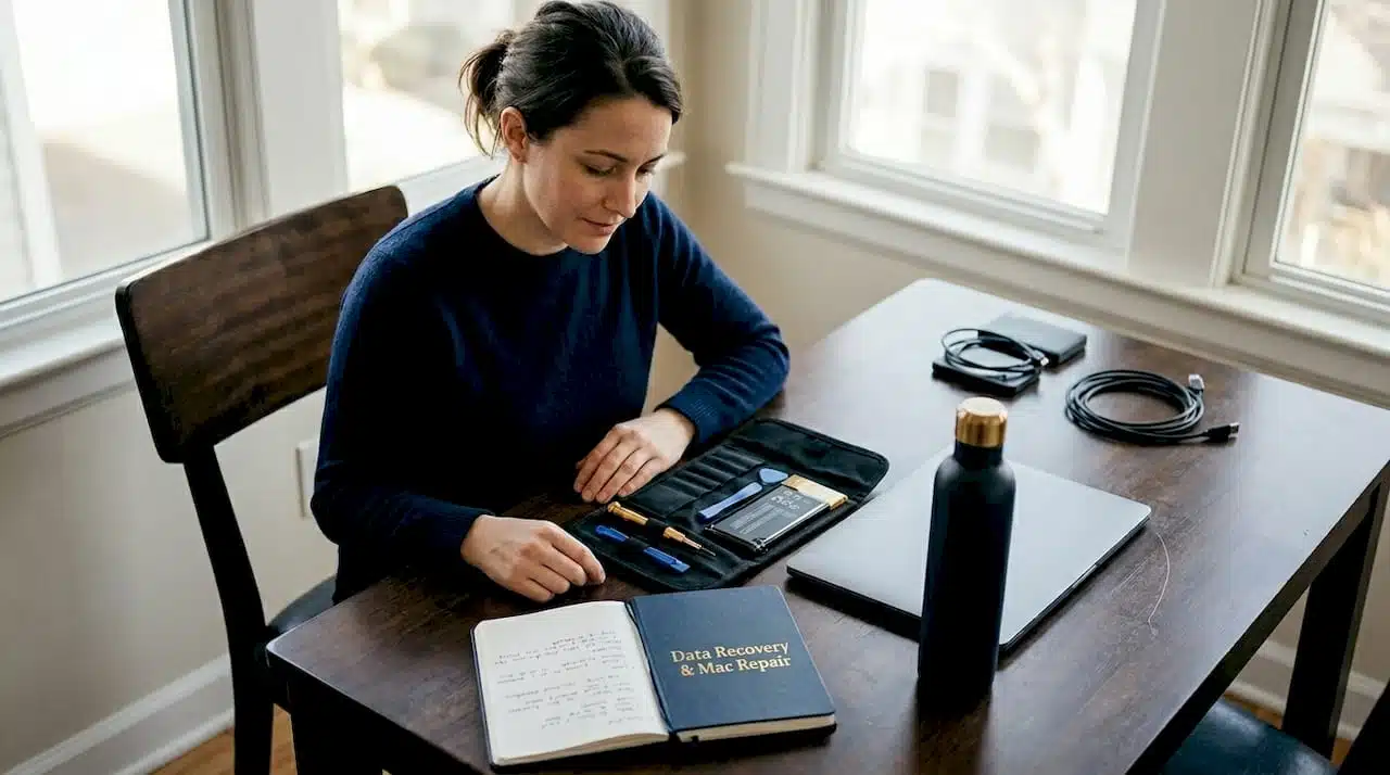 Person preparing MacBook battery tools