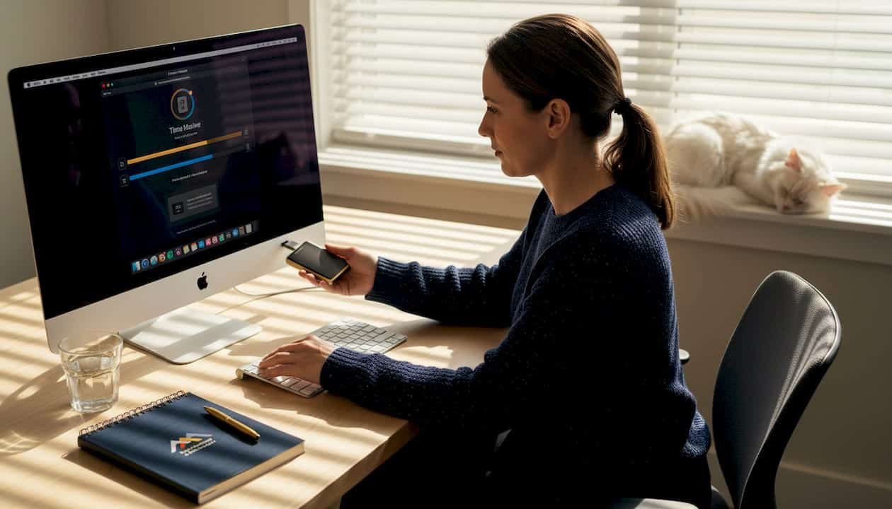 Woman backing up Mac data in home office