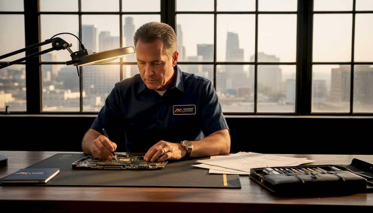 1778218254026_image Technician examining MacBook in LA office
