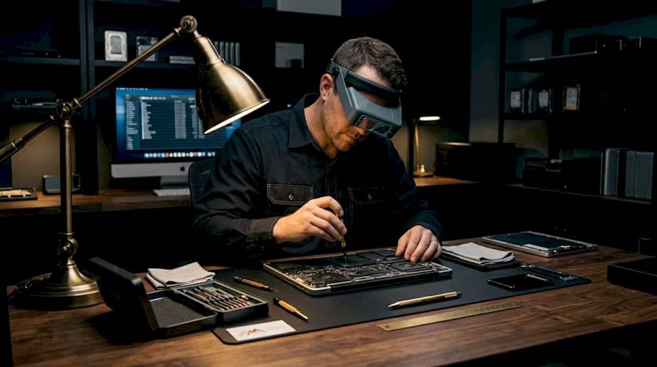 Technician examining opened MacBook at repair bench