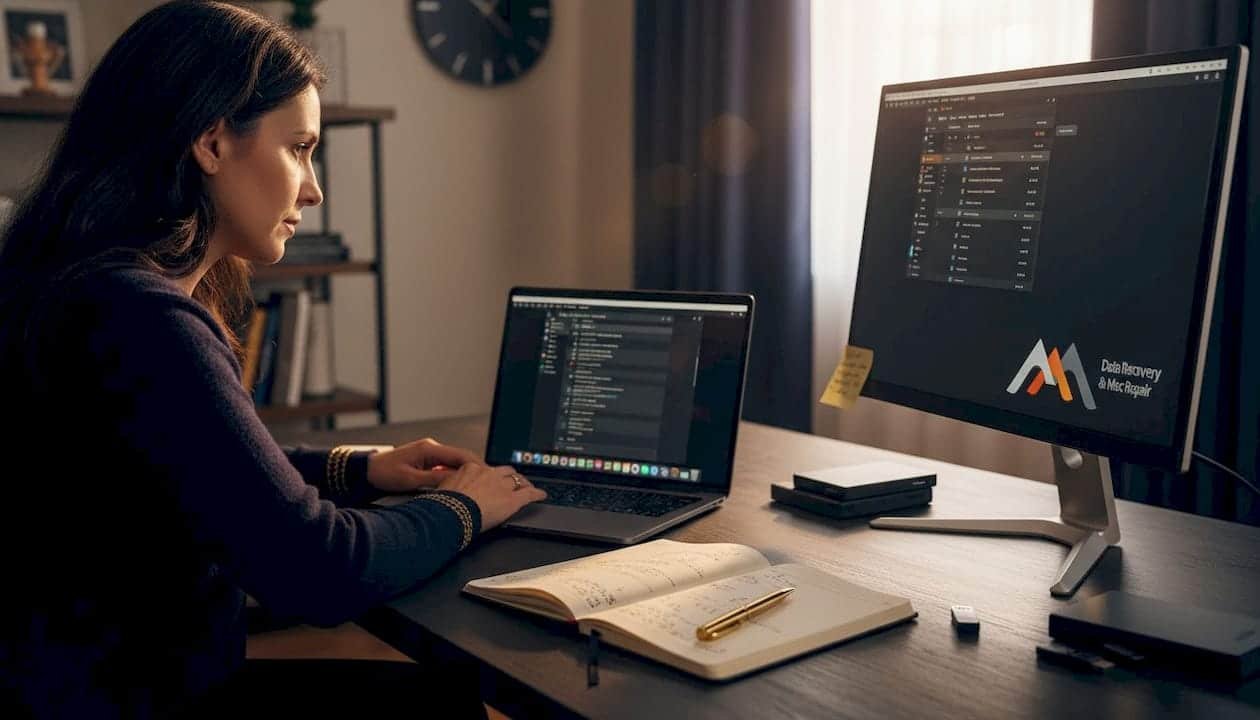 Woman using MacBook for data recovery at home