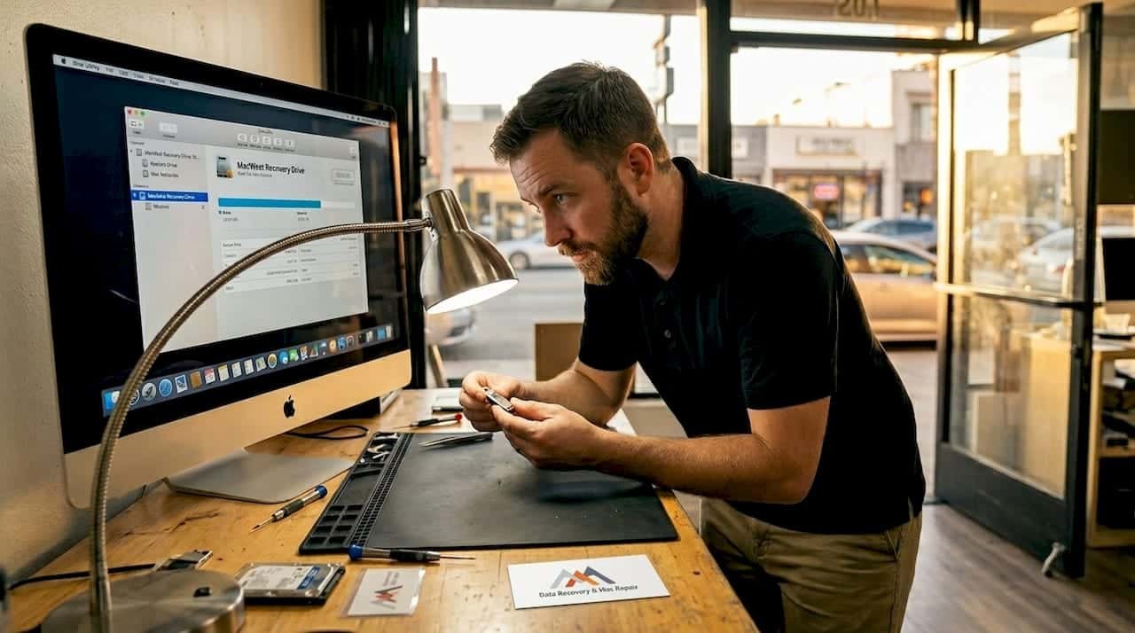 Technician repairing USB drive at Mac workstation
