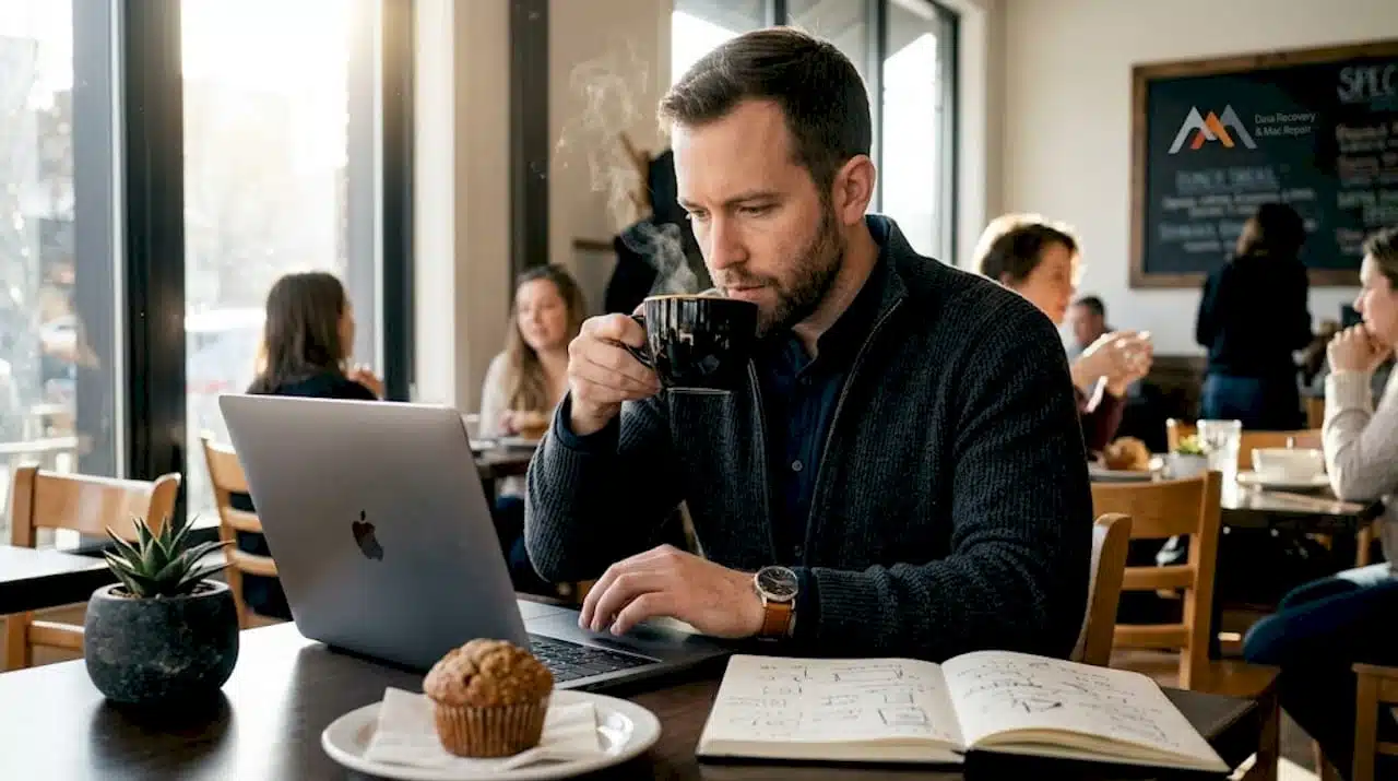 Man checking MacBook battery at kitchen table