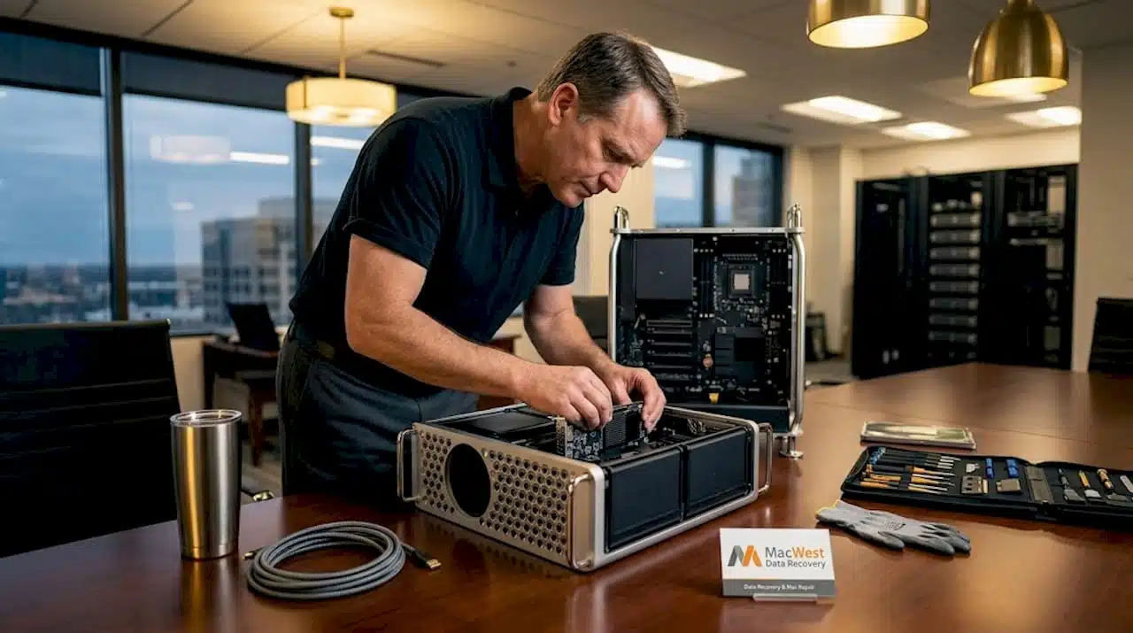 Technician installing PCIe card in Mac Pro