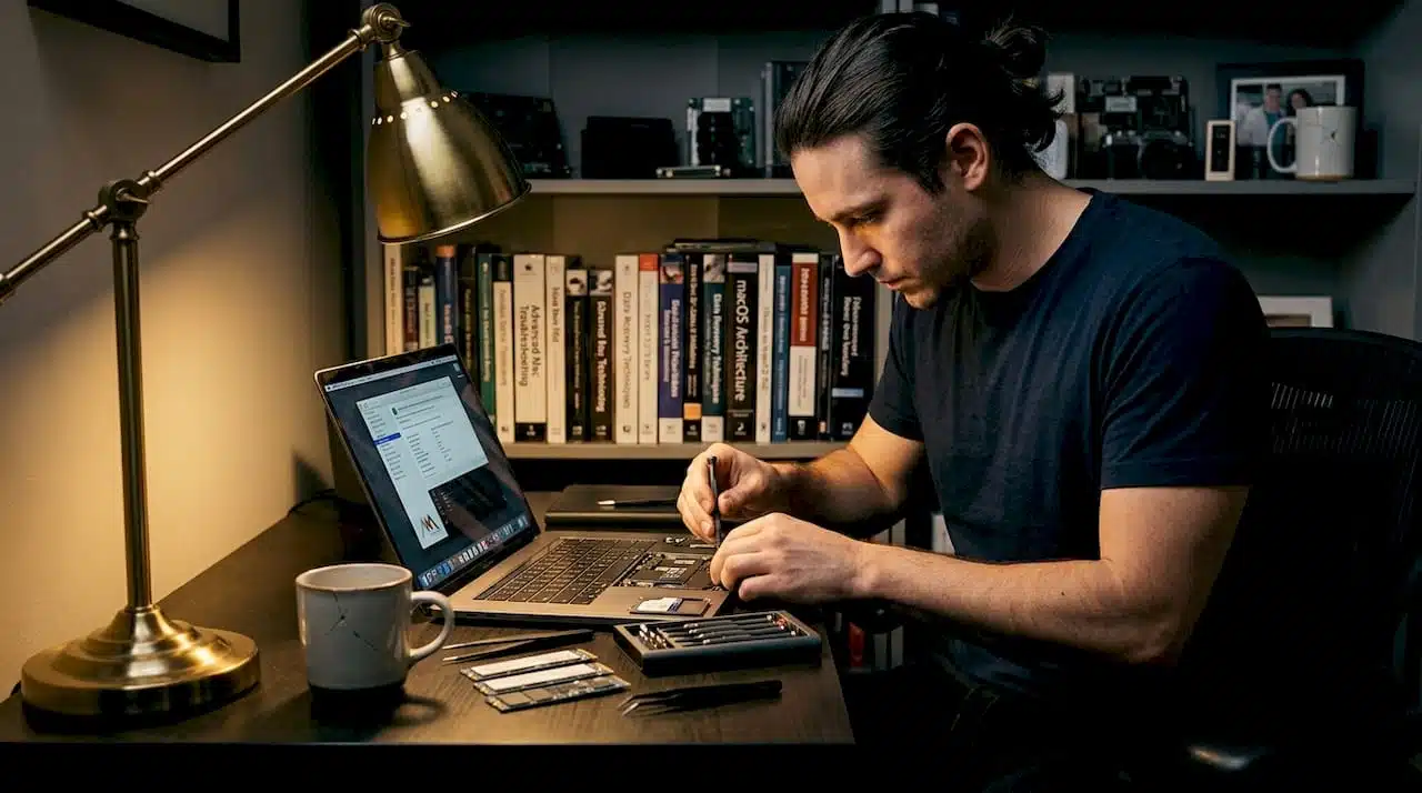 Man working on MacBook SSD upgrade at desk
