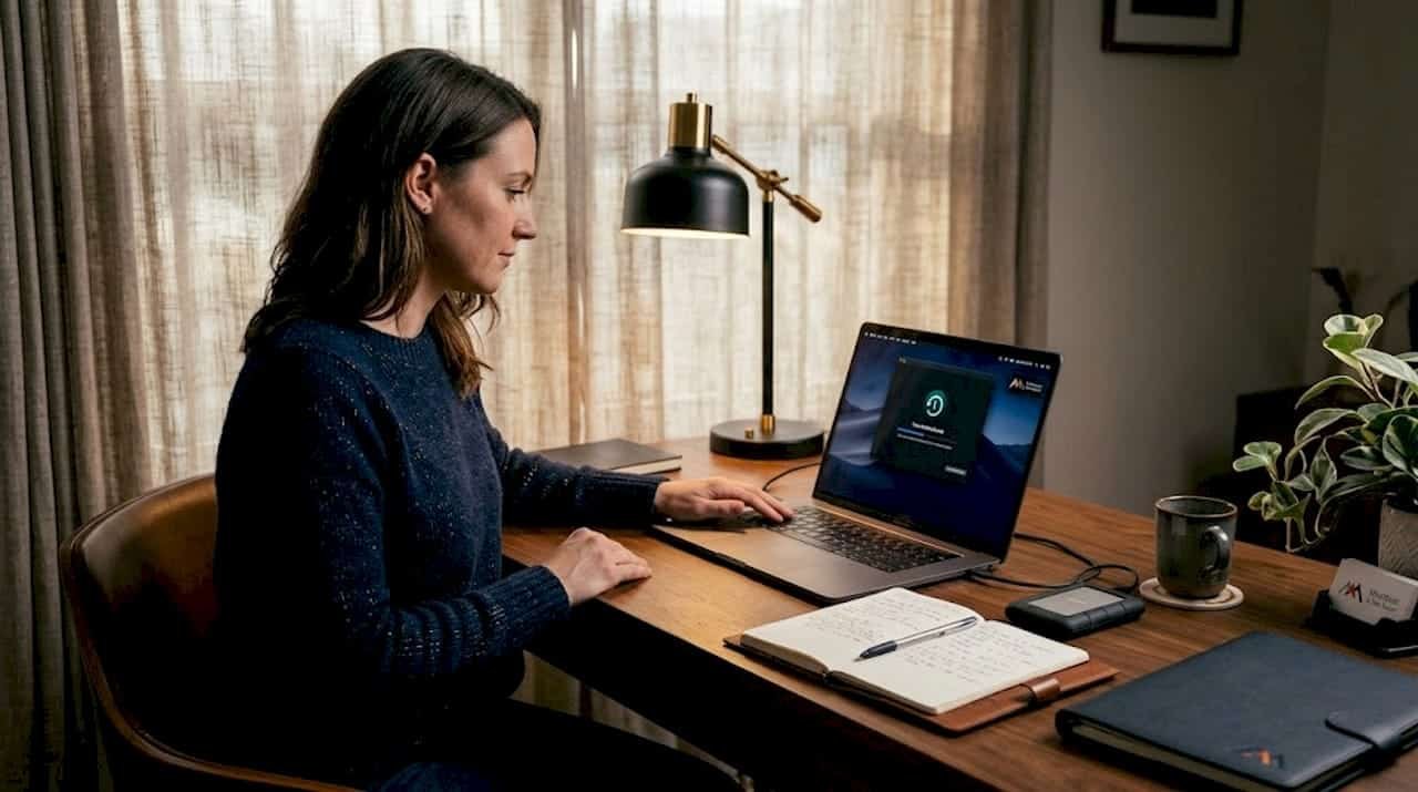1779598215346_Woman-backing-up-MacBook-in-home-office Woman backing up MacBook in home office