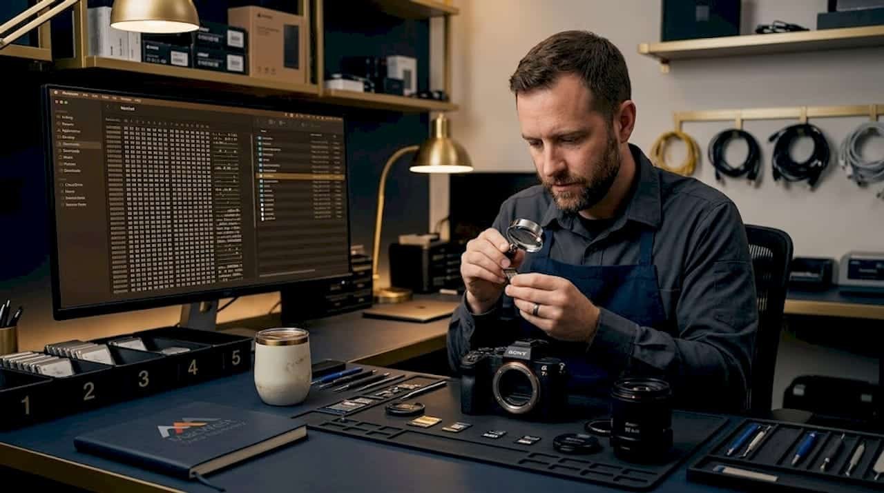 Technician examining memory card at repair desk