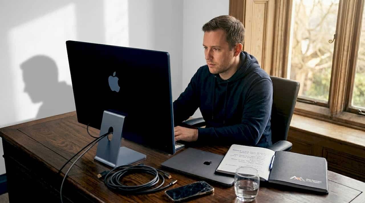 Man troubleshooting Mac startup at kitchen table