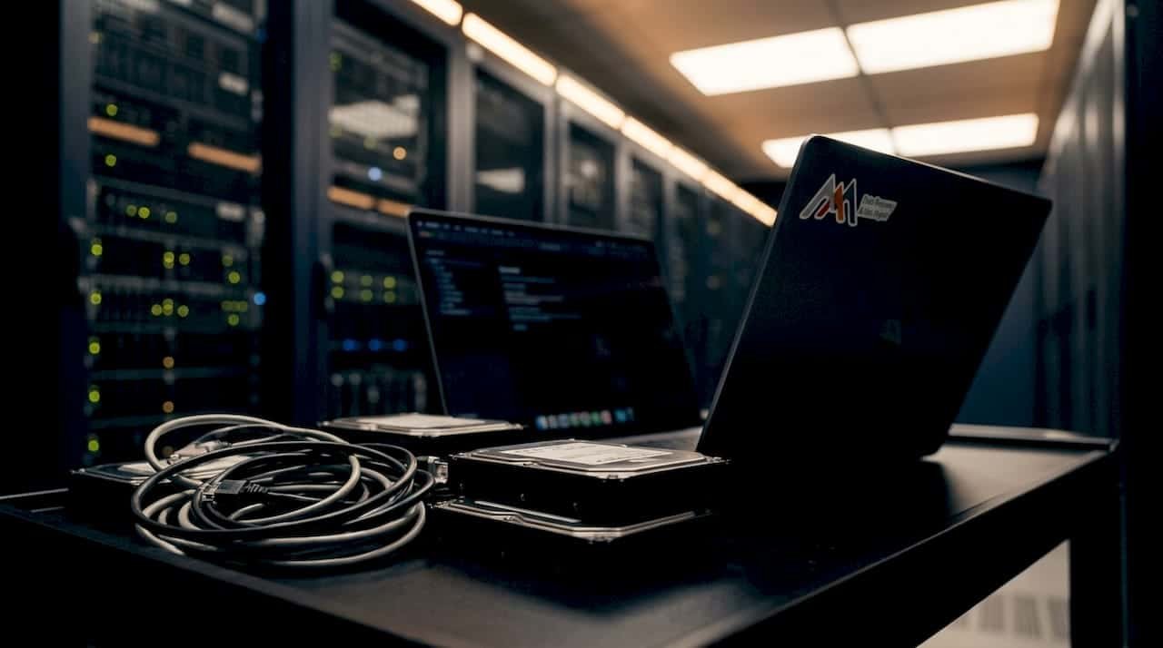 IT professional using RAID calculator in server room