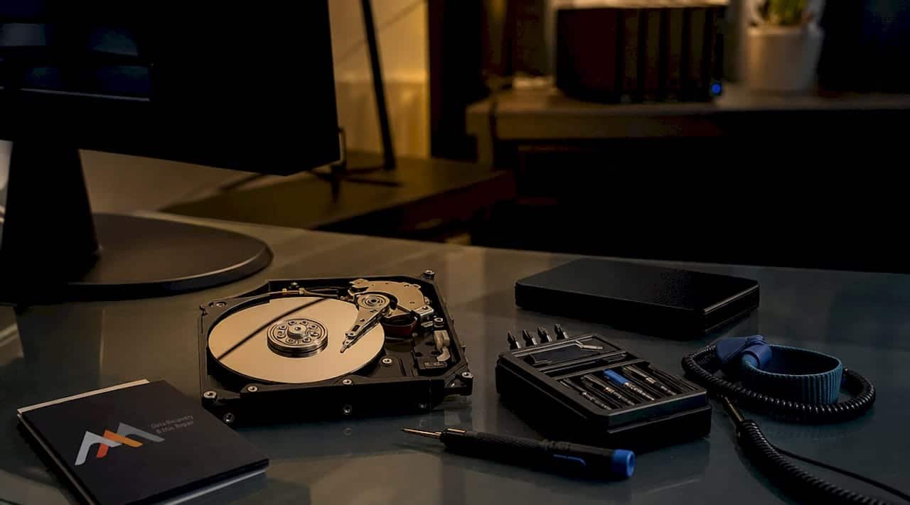 Technician examining corrupted hard drive in repair lab