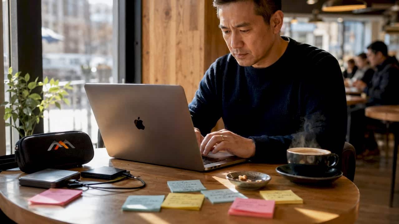 Man at home working on Mac data backup