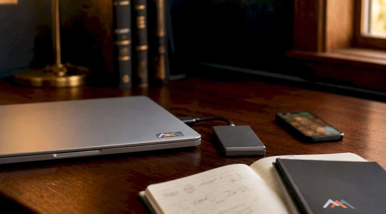 Hands arranging Mac backup devices on desk