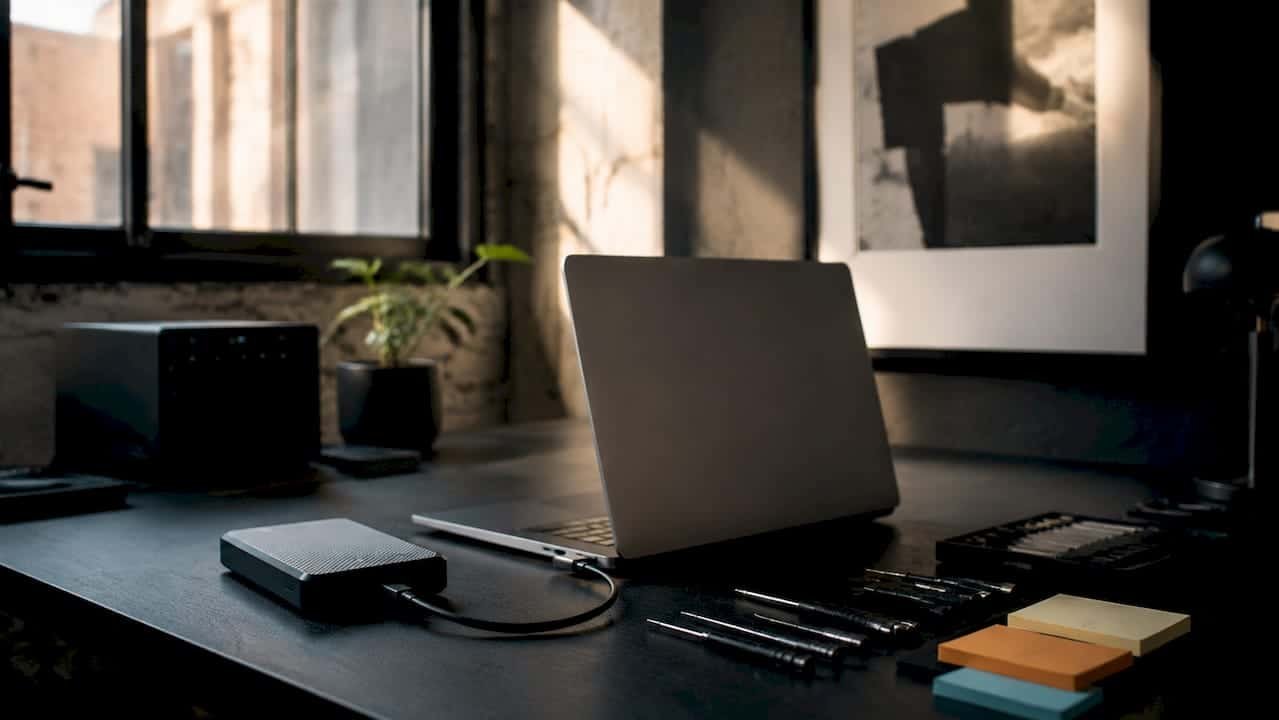 Woman diagnosing LaCie external hard drive at desk