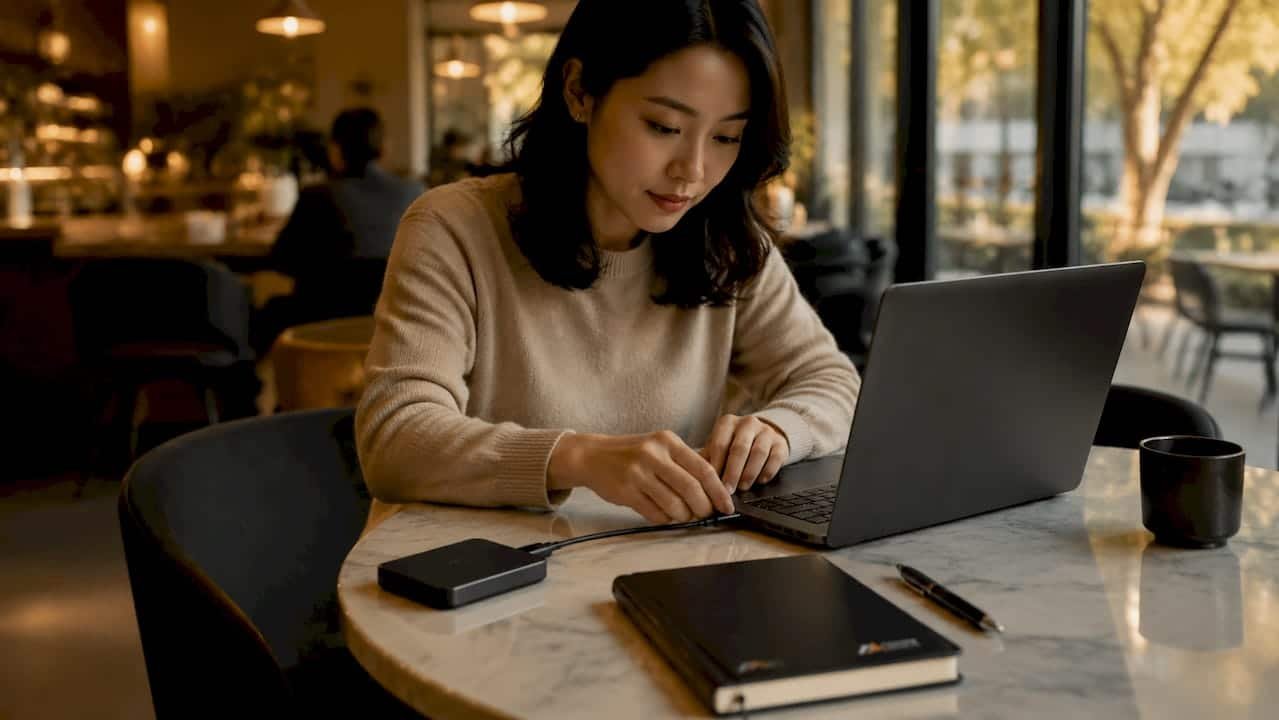 Person connecting external hard drive for Mac backup